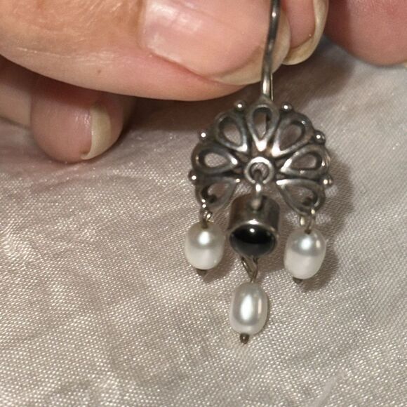 Dark Silver Tone and Faux Pearl Drop Wire Earrings - Picture 3 of 4